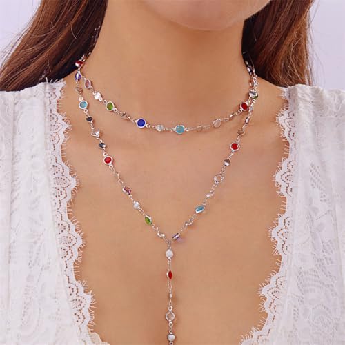 Colorful Crystal Long Necklace for Women Dainty Boho Y-Shaped Color Bead Necklaces Sparkly Rhinestone Pendant Layered Gold Long Chain Choker Good Luck Trend Jewelry Gift Jewelry - color: Double Layer Silver