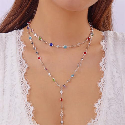 Colorful Crystal Long Necklace for Women Dainty Boho Y-Shaped Color Bead Necklaces Sparkly Rhinestone Pendant Layered Gold Long Chain Choker Good Luck Trend Jewelry Gift Jewelry - color: Double Layer Silver