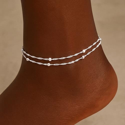 Moodear Ankle Bracelets for Women 14K Silver Plated Layered Chain Anklets | Waterproof Non Tarnish Adjustable Double Layer Anklet with Satellite Bead Chain Design for Summer Beach Jewelry Gift - color: silver-5