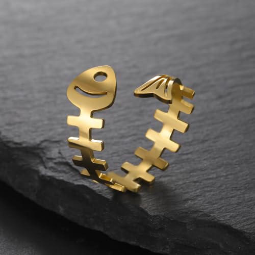 Funny Fishbone Ring, Stainless Steel Adjustable Open Rings for Women Trendy, Special Christmas Gift for Friend Lover Daughter - color: Gold