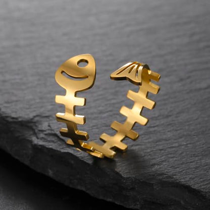 Funny Fishbone Ring, Stainless Steel Adjustable Open Rings for Women Trendy, Special Christmas Gift for Friend Lover Daughter - color: Gold
