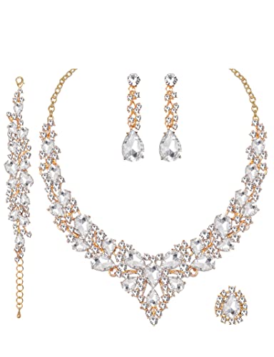 CSY Elegant Crystal Costume Jewelry Sets for Formal Events Gown Accessories | 4-Piece Set Bridal Necklace Earrings Bracelet Ring Set for Brides Eco-friendly Statement Jewelry for Wedding Party Prom - color: White crystal-Gold tone
