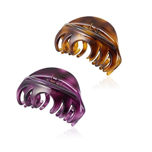 Rosette 2Pcs/set Large Chic Styling Hair Claw Clips with Strong Holding Power for Women Girls' Thick Hair, Indoor Outdoor Hair Grip Clamps and Hairpins (purple+amber) - color: purple+amber
