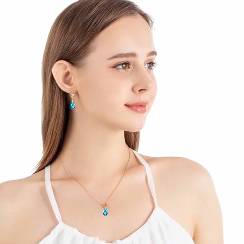 Austrian Crystals Teardrop Pendant Necklace Earrings for Women 14K Gold Plated Hypoallergenic Leverback Drop Dangle Earrings Jewelry Set - color: Bermuda Blue
