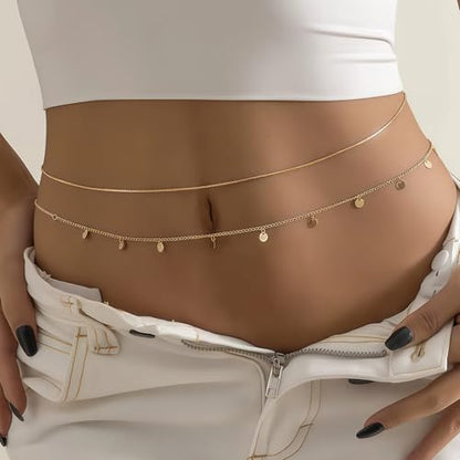 14K Gold Plated Waist Chain for Women, Layered Belly Body Chain | 2Pcs Adjustable Fit, Layered Design, Dainty Chain Styles, Bikini, Dress & Rave Outfits, Beach, Festival & Vacation - color: Gold-Plated 4