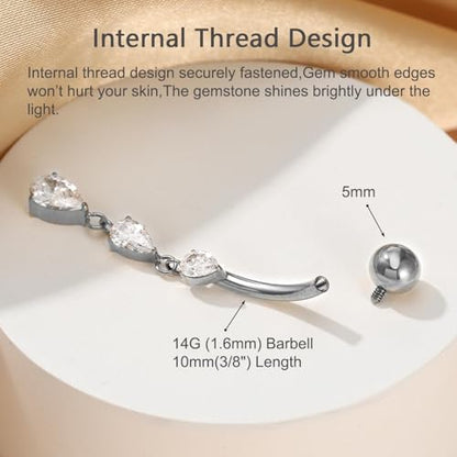 Gold Belly Button Ring, Titanium Dangle Floating Navel Piercing Jewelry - color: Silver-Dangle-10mm