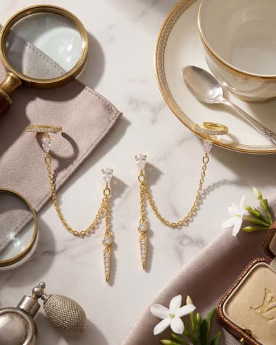 Gold Earrings for Women Trendy 14K Gold Plated Dangle Earrings Small Hoop Huggie Drop Stud Earrings Cubic Zirconia Simple Minimalist Dainty Chain Tassel Hypoallergenic Earrings - color: Ear Cuff & Gold