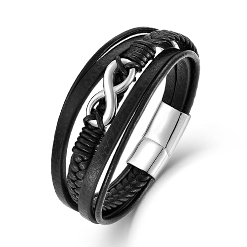 Men's Leather Infinity Bracelet Stainless Steel Number 8 Wristband Cuff Bangle Bracelets Gifts for Men, 8.3 & 9.1 inches - color: 02.Five-layers leather & silver infinity, size: 8.3inch(Fits most wrists.)