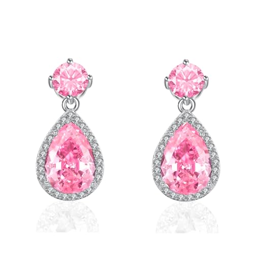 Drop Dangle Earrings Teardrop Gemstone Waterdrop White Gold Plated Crystal Hanging Cubic Zirconia Ruby Sapphire Emerald Jewelry Gift for Women Mother Wife - color: Pink