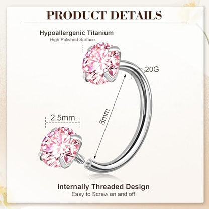 ONESING 9-40 Pcs Nose Rings - Hoops, Studs & L Shape - Hypoallergenic Stainless Steel Nose Piercings for Women & Men - color: 20G-Pink CZ -Silver
