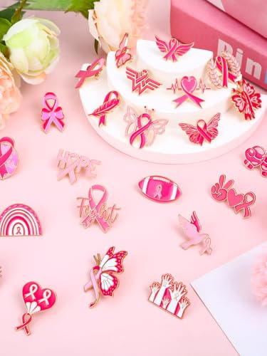 JUNEBRUSHS 28pcs Breast Cancer Awareness Enamel Pins Pink Ribbon Butterfly Lapel Pins for Breast Cancer Awareness Party Survivor Charity Event Favors Women Girls Clothes Decor Accessories - style: Breast Cancer Awareness Style