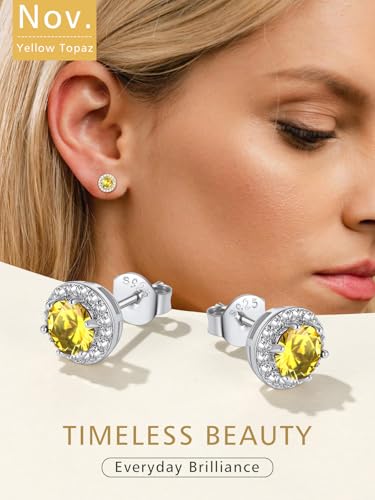 FindChic Birthstone Earrings for Women, Round/Heart/Square/Teardrop Earrings with 925 Sterling Silver Posts & Push Backs, Hypoallergenic Studs with Cubic Zirconia, 12 Months Jewelry with Gift Box - style: 11. November-Yellow Topaz (Round)