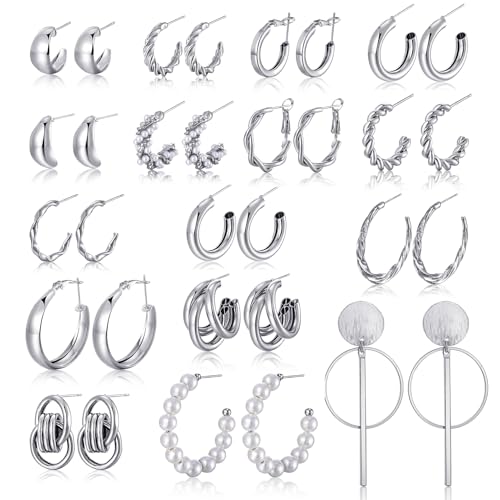 16-24 Pairs Gold Silver Black Earring Set for Women, Chunky Earring Multipack Punk Trendy Big Small Stud Hoop Earring Lightweight Twisted Pearl Ear Pack For Daily Birthday Party Gift - color: Silver-B