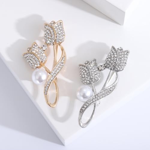 coadipress Tulip Floral Brooch Pin for Women Dainty Gold Plated Rhinestone Pearl Tulip Flower Green Leaf Broochs Pins Trendy Wedding Party Jewelry Accessories - style: Gold
