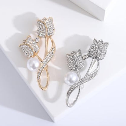 coadipress Tulip Floral Brooch Pin for Women Dainty Gold Plated Rhinestone Pearl Tulip Flower Green Leaf Broochs Pins Trendy Wedding Party Jewelry Accessories - style: Gold