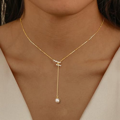 925 Sterling Silver Lariat Necklace for Women | Long 14K Gold Plated Y-Shaped Pearl Necklace CZ Crystal Ball Sparkle Necklace for Mother Daughter Bride Wedding Jewelry - color: Style 1-Gold