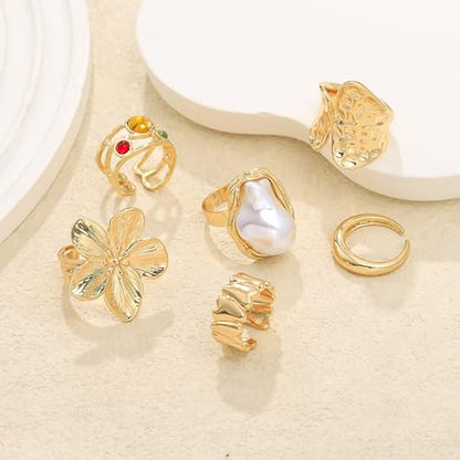Chunky Rings for Women Stackable Vintage Adjustable Rings for Women Gold Statement Stone Ring Set Non Tarnish Vintage Jewelry - style: Gold 6