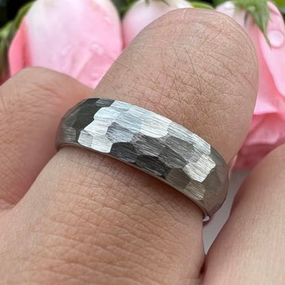 TUTISS 6mm 8mm Silver/Black/Gold/Rose Gold Hammered Tungsten Rings for Men Women Couple Fashion Jewelry Engagement Wedding Bands Domed Matte Finish Comfort Fit - color: 6mm Silver Tungsten