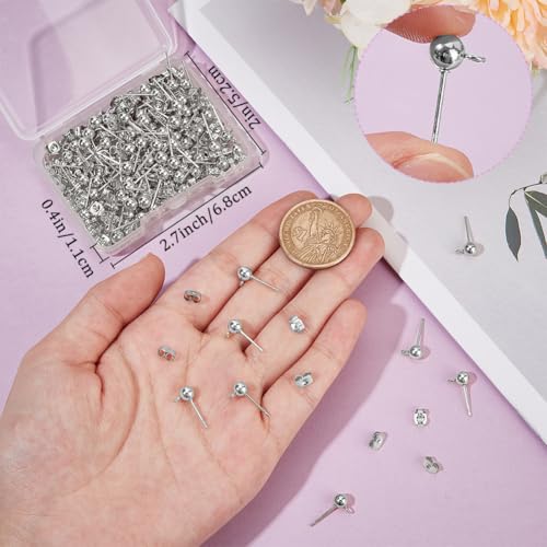 Beebeecraft 1 Box 100Pcs Ball Studs for Jewelry Making 925 Sterling Silver Plated 304 Stainless Steel Post with Loop Dangle Earring Findings Ear Backs DIY Supplies - color: Silver, size: 5mm Ball