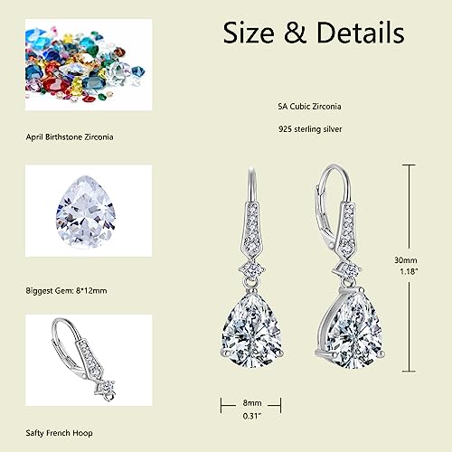 Women 925 Sterling Silver Birthstone Teardrop Leverback Drop Dangle Earrings 8 * 12mm 5A Cubic Zirconia Jewelry for Her - color: April,Zirconia