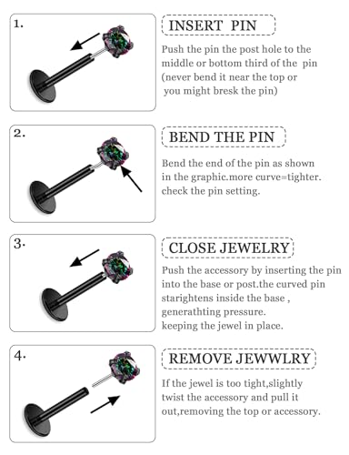 20G 18G 16G Threadless Nose Rings Studs Flat Back Earrings Surgical Stainless Steel CZ Nose Rings Stud Tragus Helix Conch Cartilage Earrings Stud Piercing Jewelry For Women Men Hypoallergenic - color: Black-Rainbow CZ, size: 18 Gauge-7mm Bar-4mm CZ