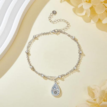 POPLYKE 925 Sterling Silver Double Layered Chain Evil Eye Daisy Sunflower Butterfly Anklets for Women Holiday Beach Crystal Ankle Bracelet Dainty Evil Eye Jewelry - style: Abalone Sunflower Anklet