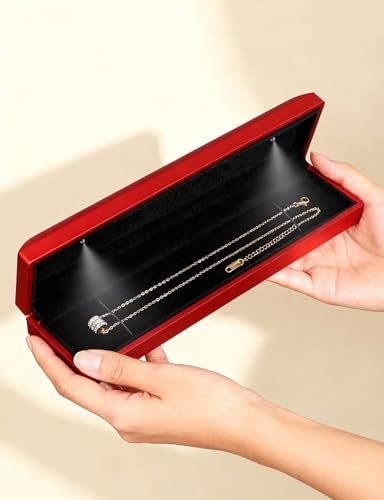 Hatori Long Chain Necklace Jewelry Gift Box with LED Light, Bracelet Storage Case, Jewellry Display Box for Wedding, Engagement, Proposal, Birthday, Anniversary - color: Red