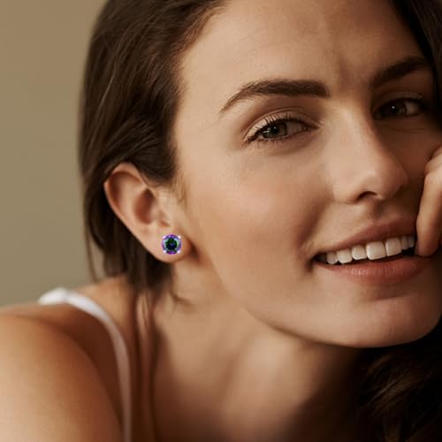 Titanium Flat Back Surgical Stainless Steel Stud Earrings for Women Men,Birthstone Stud Earrings Hypoallergenic Double Side 5A Cubic Zirconia Studs Jewelry 6mm - color: Silvery-Rainbow Cz