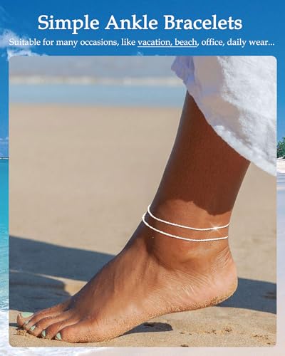 Gold Silver Ankle Bracelets for Women Waterproof 14K Gold Plated Anklets for Women Non Tarnish Dainty Layered Beaded Heart Anklet Set Summer Beach Foot Chain Jewelry Gifts Trendy Stuff - color: B- Layered Anklets- Silver