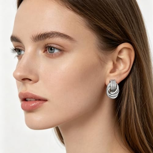 Gold Statement Earrings For Women, 14K Gold Plated Textured Geometric Drop Earrings - Hypoallergenic Stainless Steel Statement Earrings for Women, Waterproof Fan-Shaped Dangle Earrings for Beach & Daily Wear - color: Knot Silver YE03S