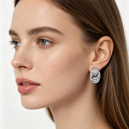 Gold Statement Earrings For Women, 14K Gold Plated Textured Geometric Drop Earrings - Hypoallergenic Stainless Steel Statement Earrings for Women, Waterproof Fan-Shaped Dangle Earrings for Beach & Daily Wear - color: Knot Silver YE03S