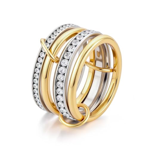 HERSIN Stackable Interlocked Rings for Women Non Tarnish, 14K Gold Plated Cubiz Zirconia Ring Chunky Rings Mixed Metal Multi Ring Dainty Stacking Rings Set Gold Jewelry for Women Gifts