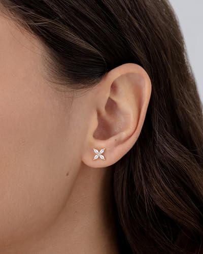 PAVOI 14K Gold Plated Dainty Stud Earrings for Women, CZ Earring Piercing | Hypoallergenic Earrings with 925 Sterling Silver Posts, Bolt, Moon, Star & Flower Celestial Studs with Cubic Zirconia - style: Flower
