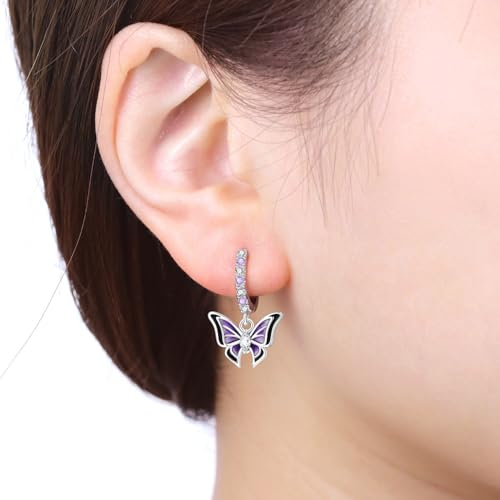 925 Sterling Silver Hoop Earrings Drop Dangle Earrings for Women Hypoallergenic Earring Trendy Huggie Earring Cute Graduation Birthday Gifts Jewelry for Women - color: Purple butterfly earrings