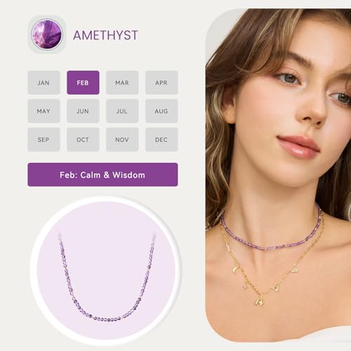 ARSIS Genuine Beaded Gemstone Necklace for Women, Colorful Natural Stone Handmade Bead Choker, Personalized Birthstone Necklace, Boho Summer Beach Necklace Layering Stackable Jewelry Gift - color: Amethyst (February)