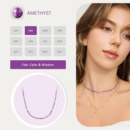 ARSIS Genuine Beaded Gemstone Necklace for Women, Colorful Natural Stone Handmade Bead Choker, Personalized Birthstone Necklace, Boho Summer Beach Necklace Layering Stackable Jewelry Gift - color: Amethyst (February)