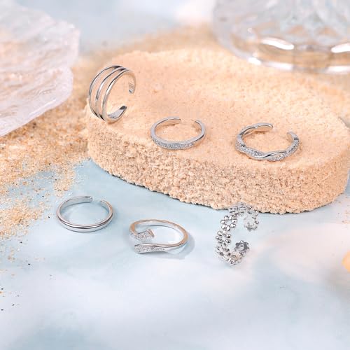 NICEIGHT 6Pcs 14K Gold Filled Toe Rings for Women Non Tarnish Silver Flower Hug Band Toe Rings Simple Adjustable CZ Twist Toe Ring Summer Beach Foot Jewelry for Women - color: Silver B
