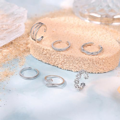 NICEIGHT 6Pcs 14K Gold Filled Toe Rings for Women Non Tarnish Silver Flower Hug Band Toe Rings Simple Adjustable CZ Twist Toe Ring Summer Beach Foot Jewelry for Women - color: Silver B