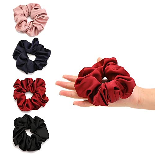 4 PCS Large Satin Silk Scrunchies for Women Big Hair Scrunchies Thick Hair | Black Navy-Blue Red Rose-Red / Stretched 10" Length / No Damage / Gift Box /Diameter: 5 inches / All Hairstyles - color: Black Navy-Blue Red Rose-Red, size: 1 Count (Pack of 4)