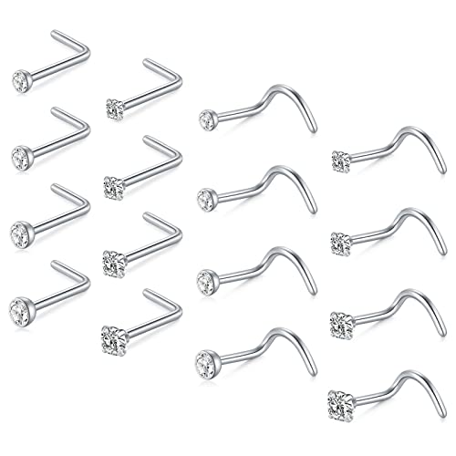 Briana Williams Nose Studs Nose Rings for Women 18G 20G Corkscrew Nose Ring Stainless Steel Nose Screw Studs Nose Rings Studs Surgical Steel Nostril Nose Piercing Jewelry - color: E -18g, silver