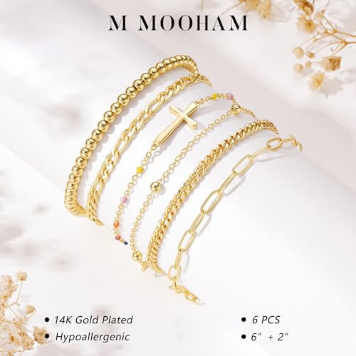 M MOOHAM Gold Bracelets Set for Women No Tarnish | 14K Gold Plated, Dainty Stackable Bracelets Stack for Women, Herringbone Paperclip Rope Cuban Chain Bracelet Set Stack - color: 5.Cross Beaded Set