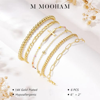M MOOHAM Gold Bracelets Set for Women No Tarnish | 14K Gold Plated, Dainty Stackable Bracelets Stack for Women, Herringbone Paperclip Rope Cuban Chain Bracelet Set Stack - color: 5.Cross Beaded Set