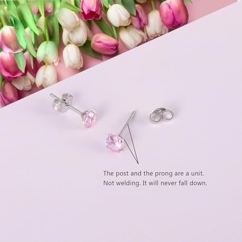 12 Pairs Surgical Stainless Steel Stud Earring Round Heart Star Square Cubic Zirconia Birthstone Stud Earrings Set for Women - color: Silver round 6mm-A