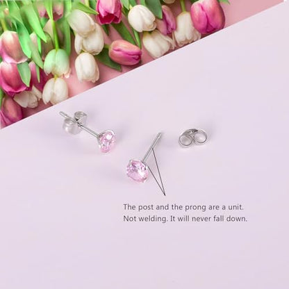 12 Pairs Surgical Stainless Steel Stud Earring Round Heart Star Square Cubic Zirconia Birthstone Stud Earrings Set for Women - color: Silver round 5mm-A