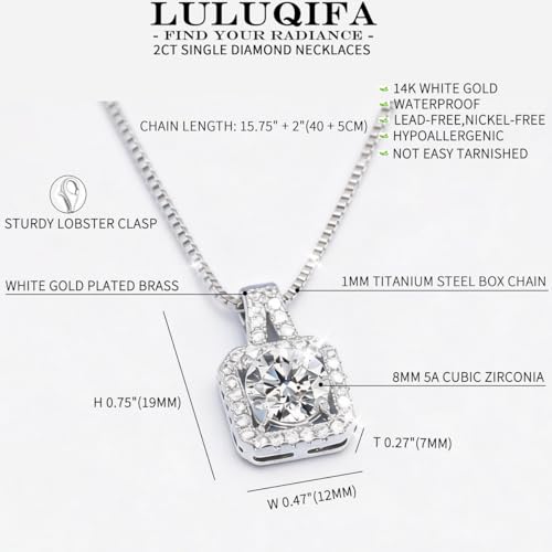 2Ct Cubic Zirconia Necklaces for Women Dainty Solitaire Simulated Diamond White Gold Pendant,Silver Clavicle Choker Adjustable Chain,Luxury Trendy Jewelry for Anniversary Her Mom Wife Gifts - color: Square