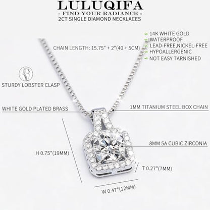 2Ct Cubic Zirconia Necklaces for Women Dainty Solitaire Simulated Diamond White Gold Pendant,Silver Clavicle Choker Adjustable Chain,Luxury Trendy Jewelry for Anniversary Her Mom Wife Gifts - color: Square