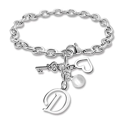 Initial A-Z Bracelets Gift for Women Girls Stainless Steel Chain Bracelet 26 Alphabet Jewelry Gifts for Birthday Anniversary Letter Bracelet Monogram Gifts for Sister Friend Girlfriends Mom 8.26 Inch - color: D