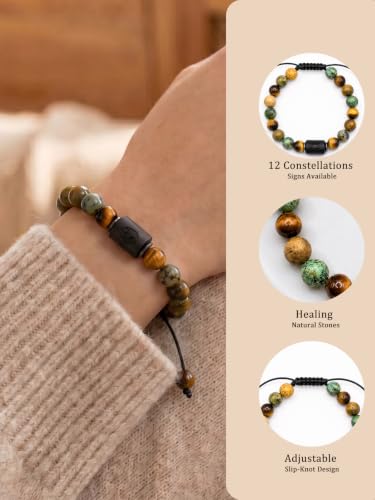 Zodiac Bracelet for Women and Men, Zodiac Sign Natural Stone Beaded Bracelet, Adjustable Horoscope Astrology Bracelet with Zodiac Card, Birthday Gift for Her Him - color: Cancer