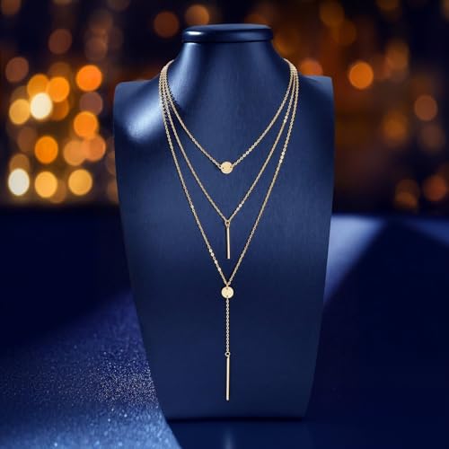 Lariat Gold Necklaces for Women, 14K-Gold-Plated Long Chain Bar Stacking Layer Y-Necklaces, Hypoallergenic Non-Tarnish Jewelry for Gift
