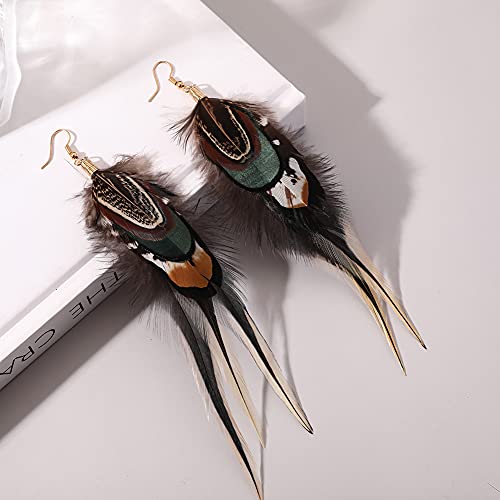 Bohemian Long Feather Earrings for Women Handmade Natural Dangle Tassel Jewelry - color: Style D
